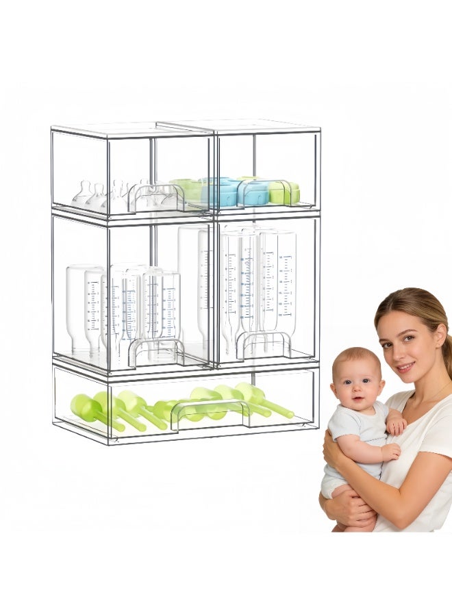 Baby Bottle Storage Organizer,5 Pack Space-Saving Baby Organizers and Storage Container with Drawer and Handle for Bottles,Pacifiers,Pump Parts,Stackable Clear Drawers for Countertop,Vanity, Bathroom, Cabinet, Pantry Organization