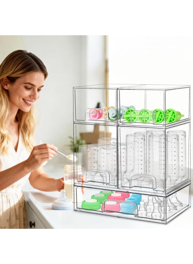 LBMT منظم تخزين زجاجات الأطفال،عبوة من 5 منظمات أطفال موفرة للمساحة وحاوية تخزين مع درج ومقبض للزجاجات واللهايات وأجزاء المضخة وأدراج شفافة قابلة للتكديس لسطح العمل وطاولة الزينة والحمام والخزانة وتنظيم المخزن - Image 3