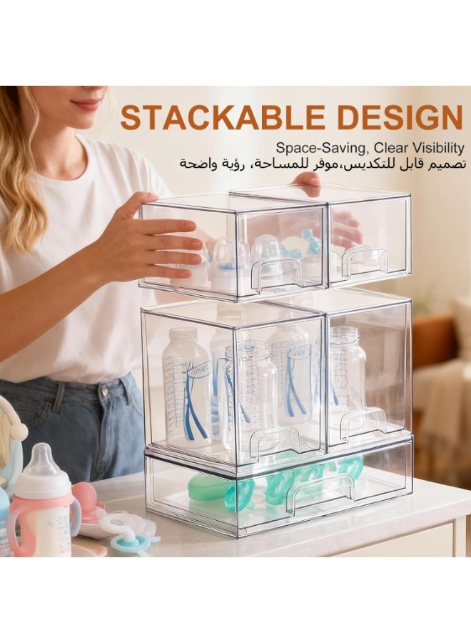 LBMT منظم تخزين زجاجات الأطفال،عبوة من 5 منظمات أطفال موفرة للمساحة وحاوية تخزين مع درج ومقبض للزجاجات واللهايات وأجزاء المضخة وأدراج شفافة قابلة للتكديس لسطح العمل وطاولة الزينة والحمام والخزانة وتنظيم المخزن - Image 5