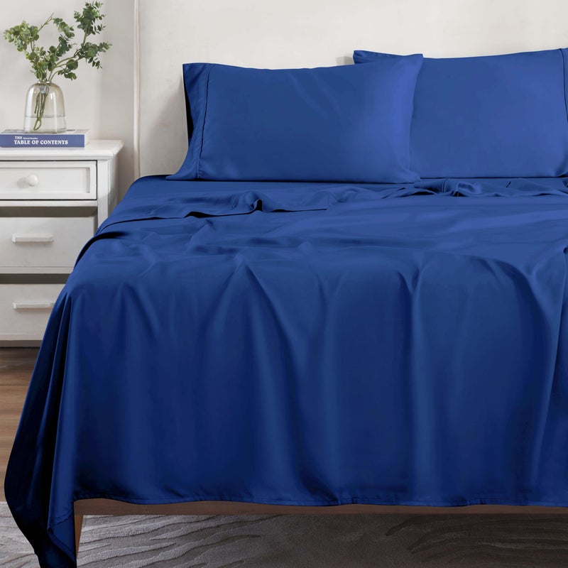 Superior Modal from Beechwood 300 Thread Bed Sheet Set 1 Elastic Deep Pocket Fitted Sheet 1 Flat Sheet 2 Pillowcases Soft Cool Sheets Sateen Weave Bedding Essentials King Navy Blue - Image 1