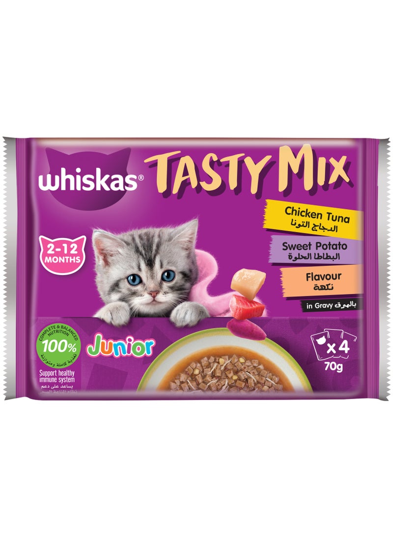 Whiskas Tasty Mix Kitten Junior Chicken Tuna And Sweet Potato 4 x 70g  - Image 1