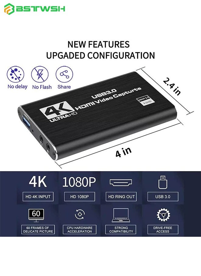 BSTWSH - Video Capture Card 4K 1080P 60FPS, HDMI Capture Card Switch, Game Capture Card USB 3.0 for Live Streaming Video Recording, Screen Capture Device Work with PS4/PC/OBS/DSLR/Camera/Gaming Recording,Black - Image 1