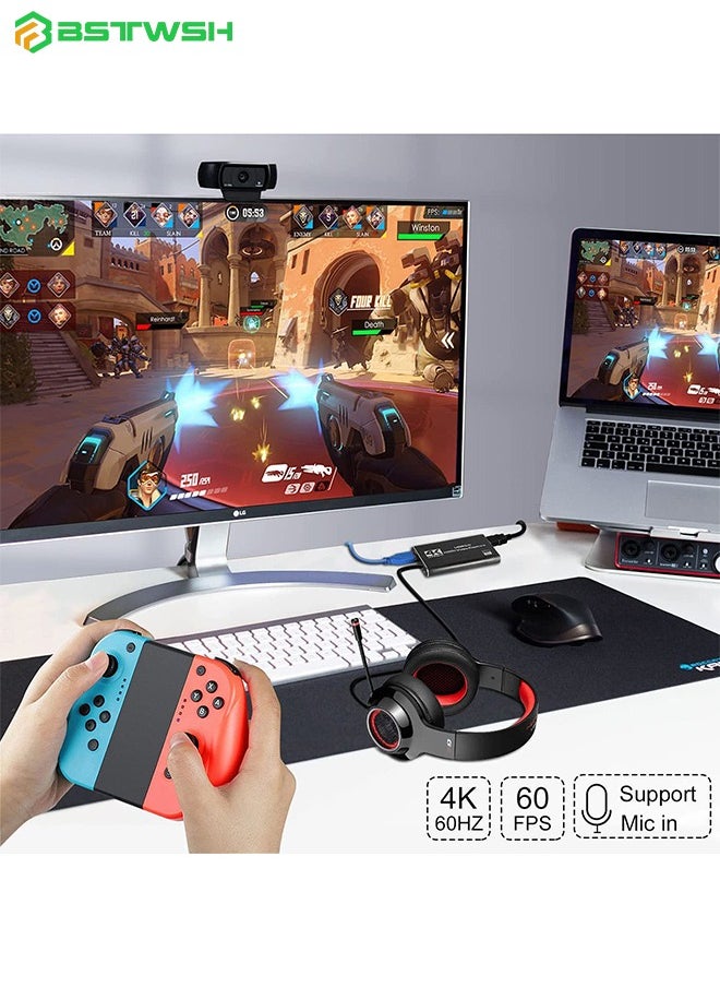 BSTWSH - Video Capture Card 4K 1080P 60FPS, HDMI Capture Card Switch, Game Capture Card USB 3.0 for Live Streaming Video Recording, Screen Capture Device Work with PS4/PC/OBS/DSLR/Camera/Gaming Recording,Black - Image 1