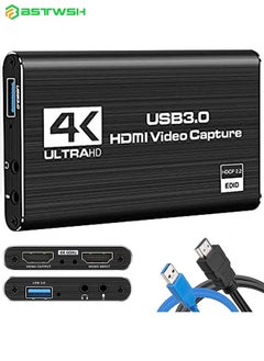 Video Capture Card 4K 1080P 60FPS, HDMI Capture Card Switch, Game Capture Card USB 3.0 for Live Streaming Video Recording, Screen Capture Device Work with PS4/PC/OBS/DSLR/Camera/Gaming Recording,Black