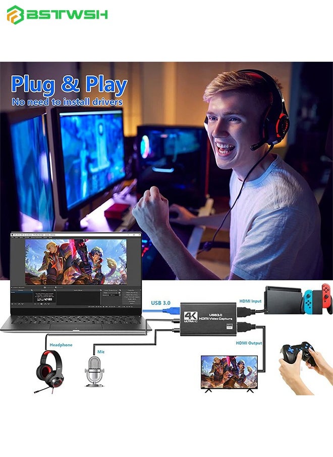 BSTWSH - Video Capture Card 4K 1080P 60FPS, HDMI Capture Card Switch, Game Capture Card USB 3.0 for Live Streaming Video Recording, Screen Capture Device Work with PS4/PC/OBS/DSLR/Camera/Gaming Recording,Black - Image 1