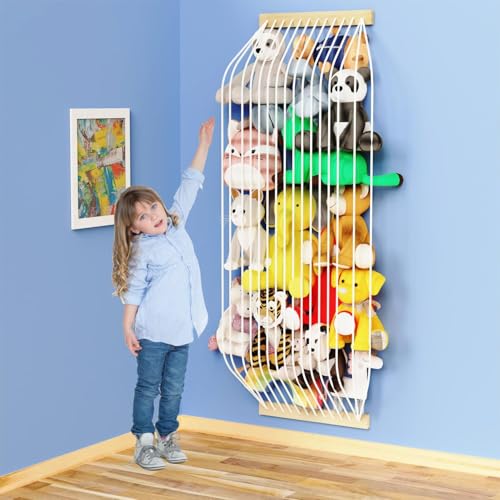 VOMELON Stuffed Animal Storage Hammock Wooden Plush Toy Organizer for Kids Room Décor, Playroom Nursury Plush Toys Storage Caddy, Decoration Wall Hanging Stuffed Animal Net or Hammock Corner - Image 1
