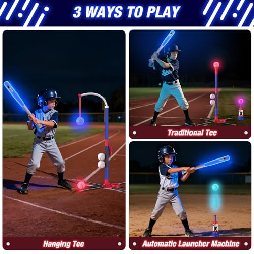HYES 3in1 LED Baseball Set for Kids 35 Tee Ball Stand Hanging Tee Ball Launcher and 4 Softballs Adjustable Height IndoorOutdoor Sport Gifts for Boys Girls Blue - Image 5