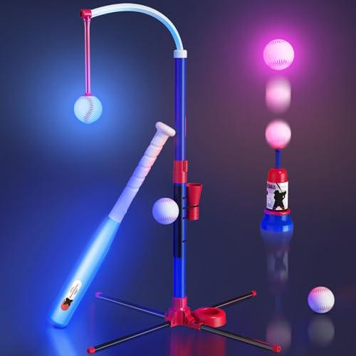 HYES 3in1 LED Baseball Set for Kids 35 Tee Ball Stand Hanging Tee Ball Launcher and 4 Softballs Adjustable Height IndoorOutdoor Sport Gifts for Boys Girls Blue - Image 1
