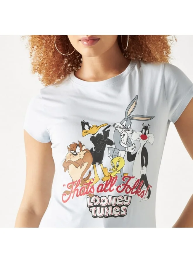اس بي كاركترز Looney Tunes Print Round Neck T-shirt with Short Sleeves