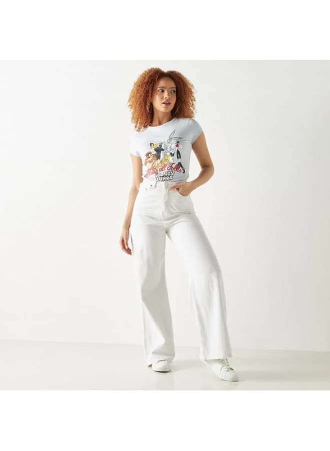 اس بي كاركترز Looney Tunes Print Round Neck T-shirt with Short Sleeves
