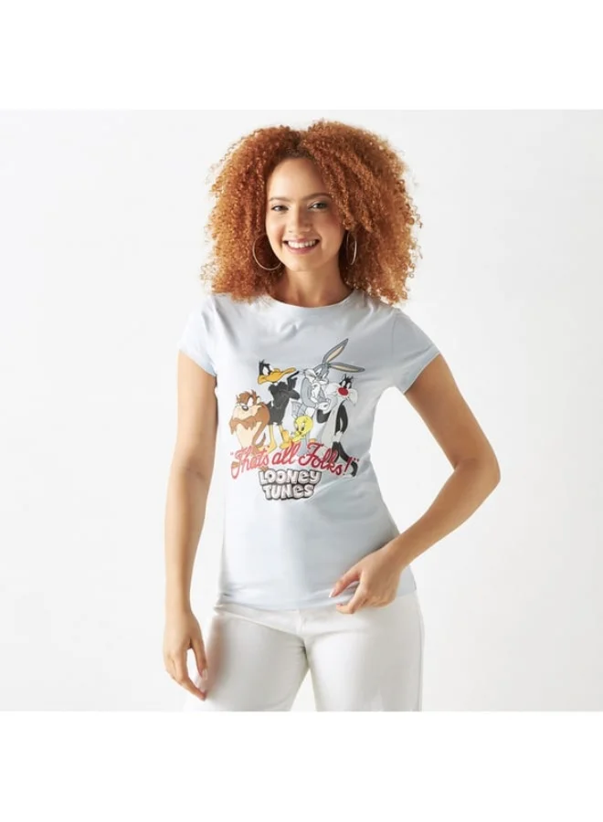 اس بي كاركترز Looney Tunes Print Round Neck T-shirt with Short Sleeves