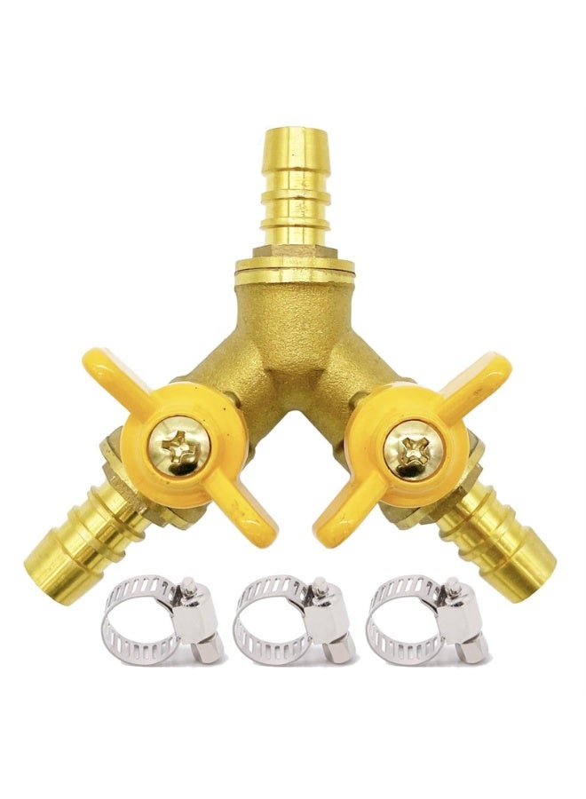 Brass 3 Way Shut-Off Valve, 3/8" Hose Barb 2 Switch Y Shaped Ball Valve Water/Fuel/Air - Image 1