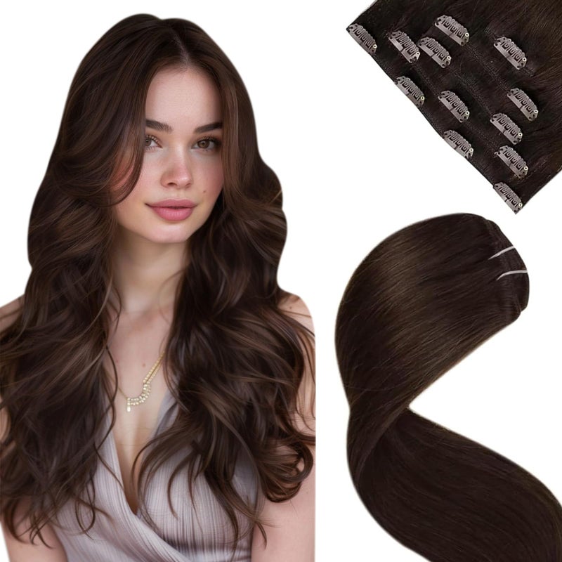 LaaVoo Real Hair Extensions Clip on Human Hair Darkest Brown Clip in Hair Extensions Real Human Hair Brown Human Hair Clip in Extension Double Weft 16 Inch 5pcs 80G