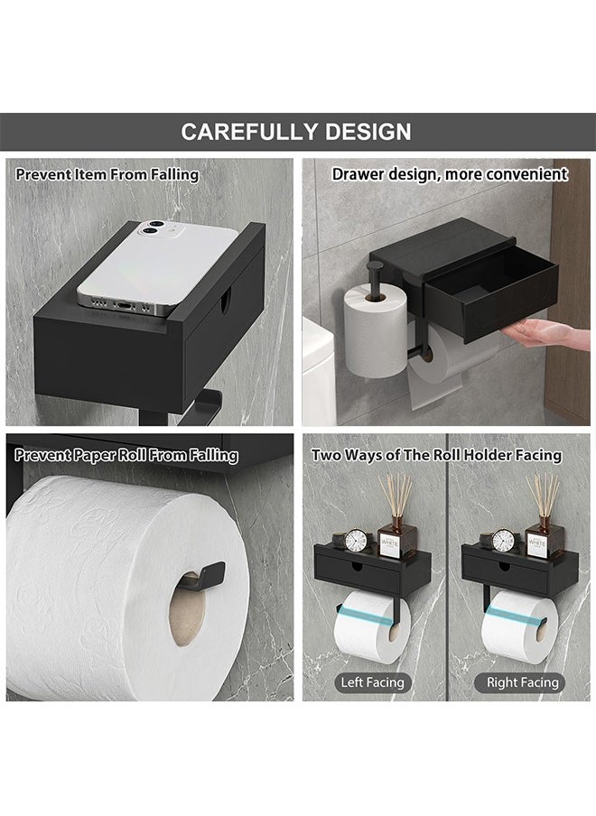 YelaJoy - Black Toilet Paper Holder with 2 Shelf,Wall Mount/Adhesive Bathroom Toilet Paper Holder,Bamboo Wood Tissue Toilet Roll Holder with Storage Drawer for Organizer Wipes,Fits Any Room - Image 1