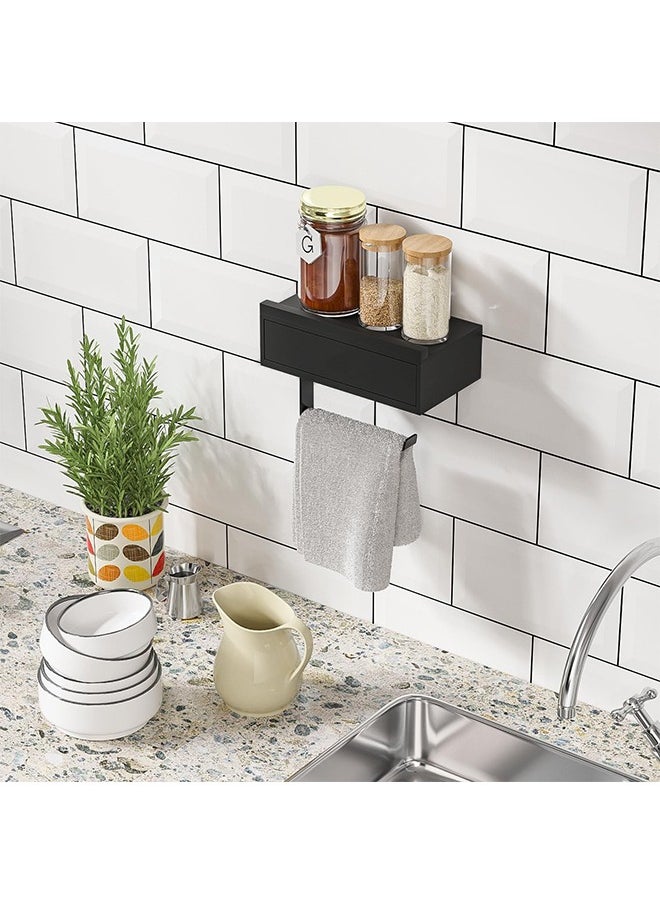 YelaJoy - Black Toilet Paper Holder with 2 Shelf,Wall Mount/Adhesive Bathroom Toilet Paper Holder,Bamboo Wood Tissue Toilet Roll Holder with Storage Drawer for Organizer Wipes,Fits Any Room - Image 1