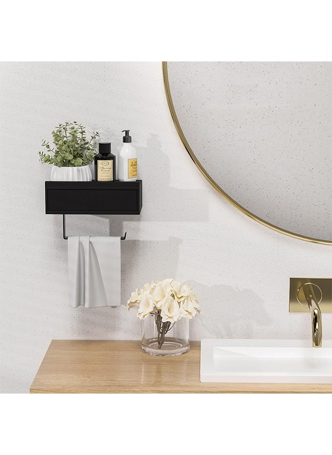 YelaJoy - Black Toilet Paper Holder with 2 Shelf,Wall Mount/Adhesive Bathroom Toilet Paper Holder,Bamboo Wood Tissue Toilet Roll Holder with Storage Drawer for Organizer Wipes,Fits Any Room - Image 1
