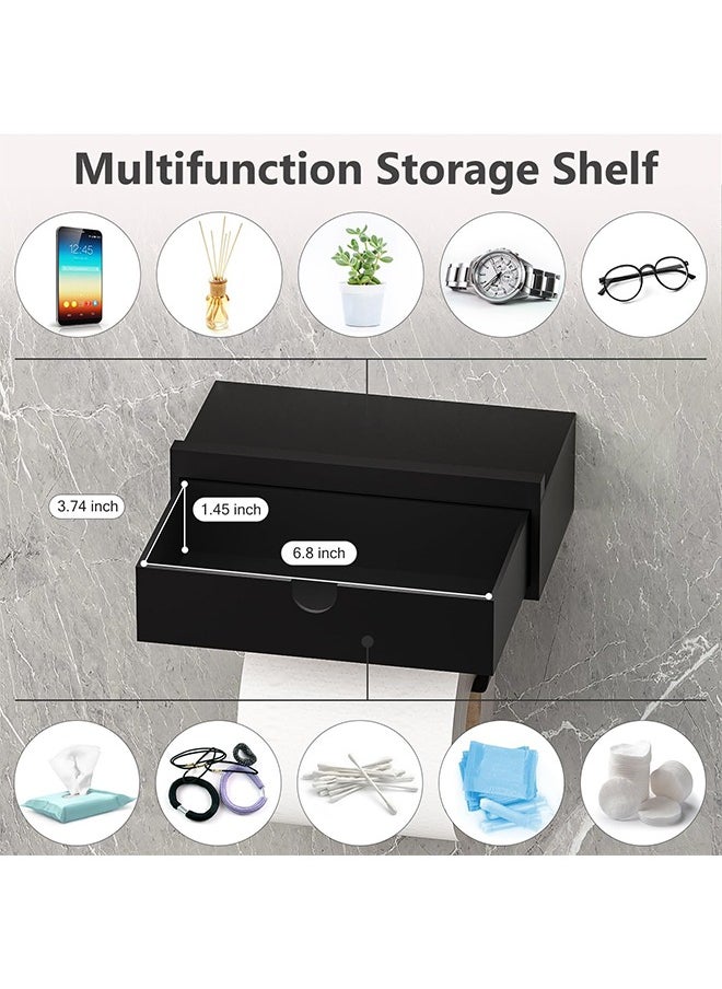 YelaJoy - Black Toilet Paper Holder with 2 Shelf,Wall Mount/Adhesive Bathroom Toilet Paper Holder,Bamboo Wood Tissue Toilet Roll Holder with Storage Drawer for Organizer Wipes,Fits Any Room - Image 1
