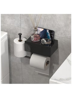 Black Toilet Paper Holder with 2 Shelf,Wall Mount/Adhesive Bathroom Toilet Paper Holder,Bamboo Wood Tissue Toilet Roll Holder with Storage Drawer for Organizer Wipes,Fits Any Room