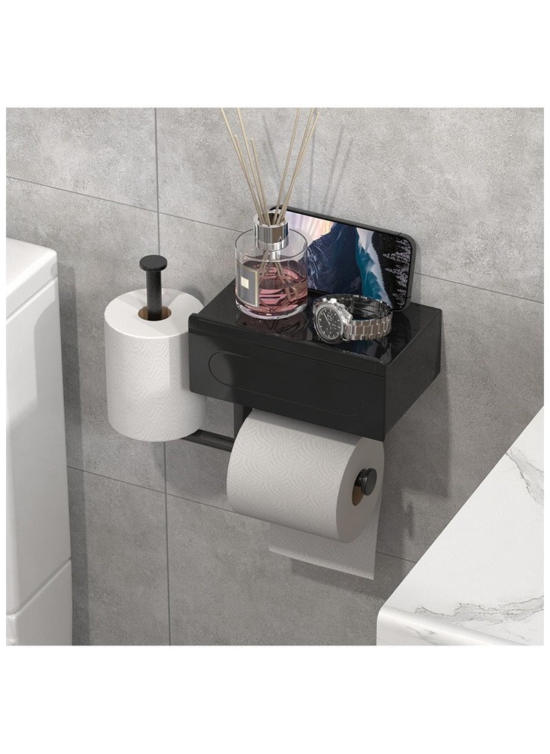 YelaJoy - Black Toilet Paper Holder with 2 Shelf,Wall Mount/Adhesive Bathroom Toilet Paper Holder,Bamboo Wood Tissue Toilet Roll Holder with Storage Drawer for Organizer Wipes,Fits Any Room - Image 1