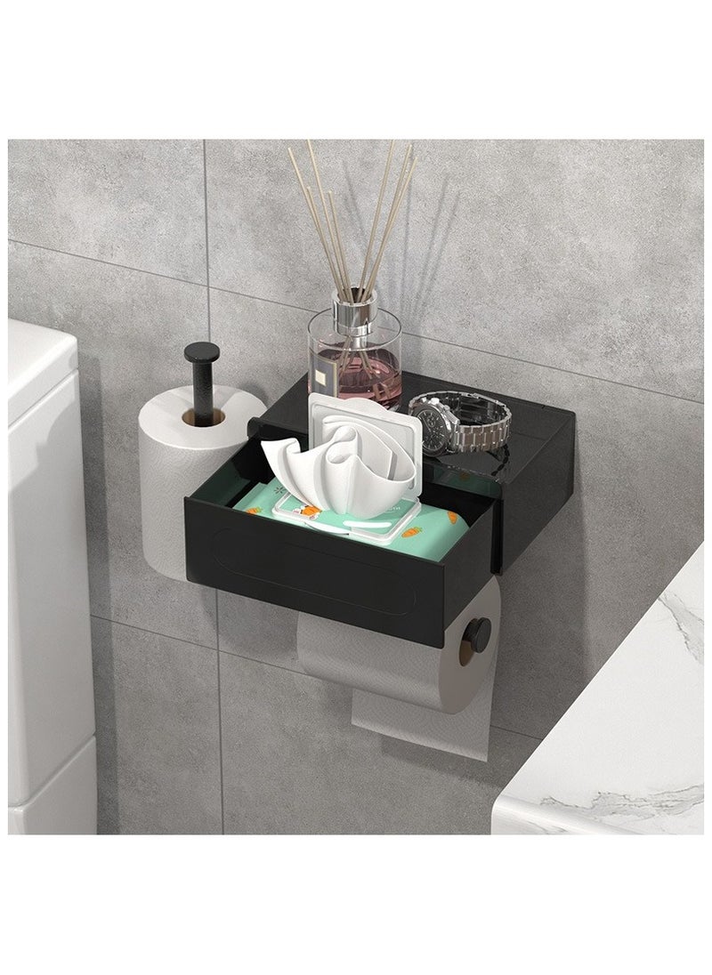YelaJoy - Black Toilet Paper Holder with 2 Shelf,Wall Mount/Adhesive Bathroom Toilet Paper Holder,Bamboo Wood Tissue Toilet Roll Holder with Storage Drawer for Organizer Wipes,Fits Any Room - Image 1
