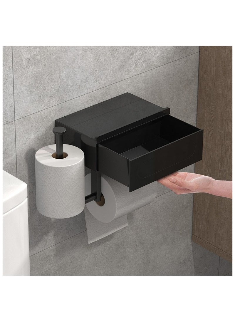 YelaJoy - Black Toilet Paper Holder with 2 Shelf,Wall Mount/Adhesive Bathroom Toilet Paper Holder,Bamboo Wood Tissue Toilet Roll Holder with Storage Drawer for Organizer Wipes,Fits Any Room - Image 1