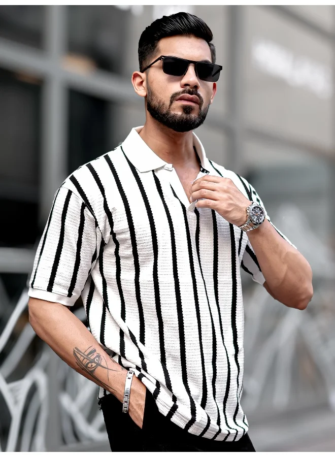 مانياك تيشيرت بولو رجالي مانياك مقلم عمودي بأكمام 3/4 قطن بولي كبير الحجم أبيض