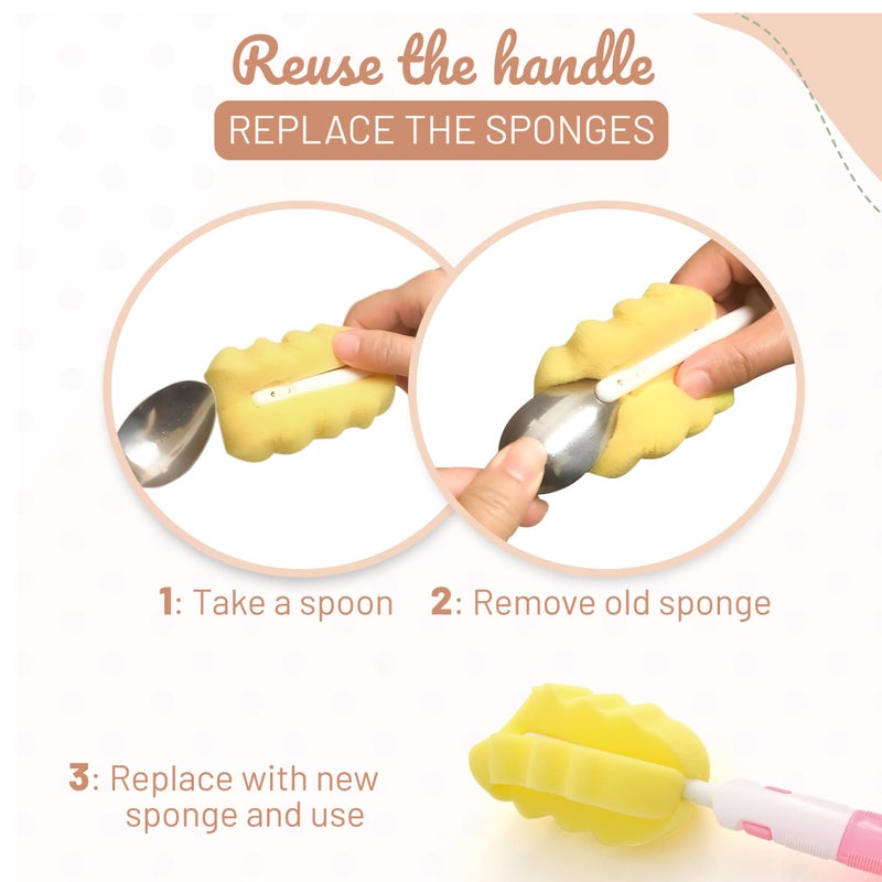 MooMoo Baby MoomooBaby Bottle Brush Replacement Sponges - 6-Pack Sponge Head Bottle Brush Cleaner Refills with 3 Bottle Sponges & 3 Nipple Sponges - Gentle & Non-Scratching Foam Material - Quick & Easy Attachment - Image 2