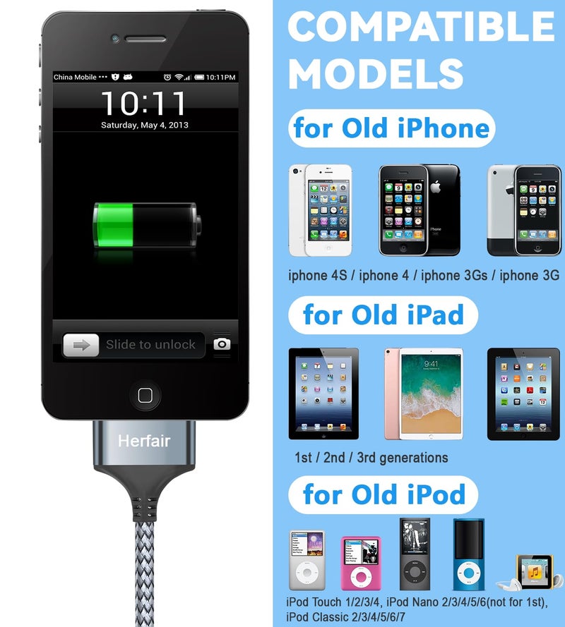 Herfair USB C to 30 Pin Charger Cable Nylon Braided Modern Charging Cord Compatible with iPhone 4/4s/3G/3GS & iPad 1 2 3 & iPod Touch 4 3 2 1 Classic/Nano 2 3 4 5 6 (3FT) - Image 3
