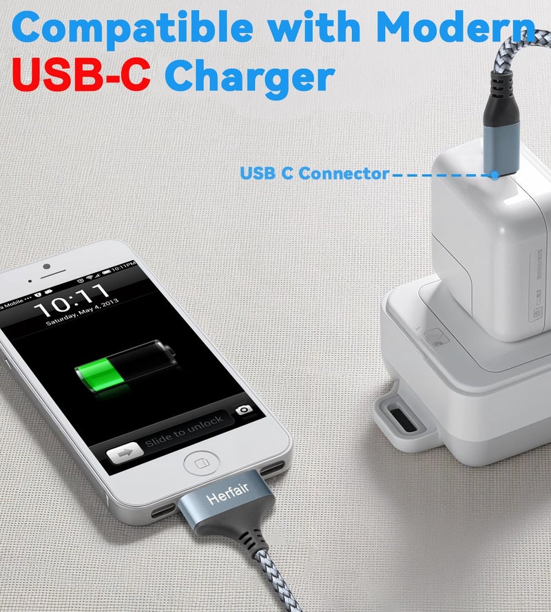 Herfair USB C to 30 Pin Charger Cable Nylon Braided Modern Charging Cord Compatible with iPhone 4/4s/3G/3GS & iPad 1 2 3 & iPod Touch 4 3 2 1 Classic/Nano 2 3 4 5 6 (3FT) - Image 2