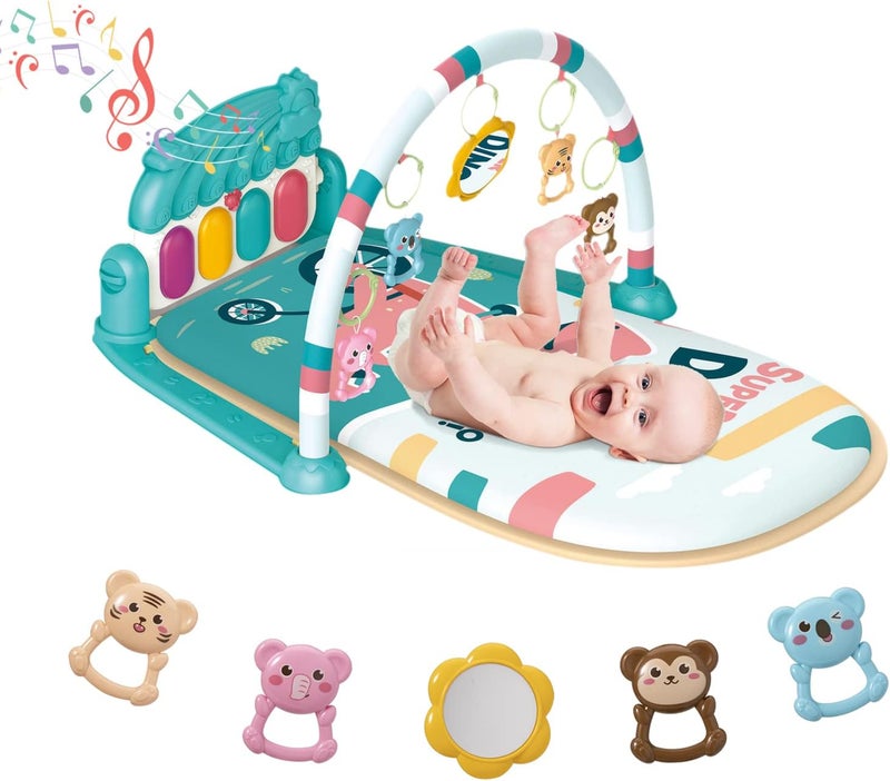 dearlomum Baby Play Mat & Gym, Piano Tummy Time Activity Mat with 5 Sensory Toys, Music & Lights - Boy & Girl Gifts for Newborn to 12 Months (Blue) | Comes with 5 sensory toys, built-in music & lights, great developmental gift for infants - Image 1
