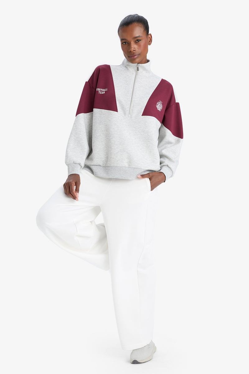 DeFacto Grey Woman DeFactoFit Oversize Loose Fit Half Zip-Up Scuba Fabric Sports Sweatshirt Casual - Image 2