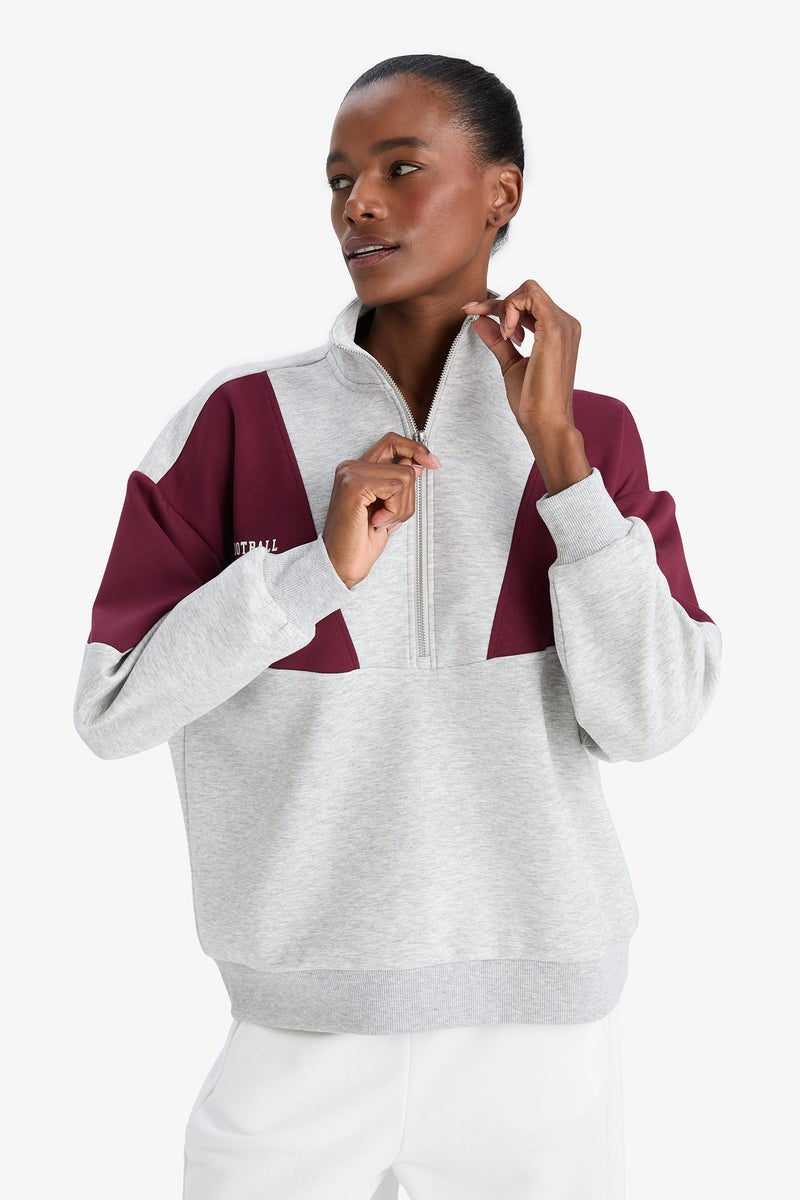 DeFacto Grey Woman DeFactoFit Oversize Loose Fit Half Zip-Up Scuba Fabric Sports Sweatshirt Casual - Image 3