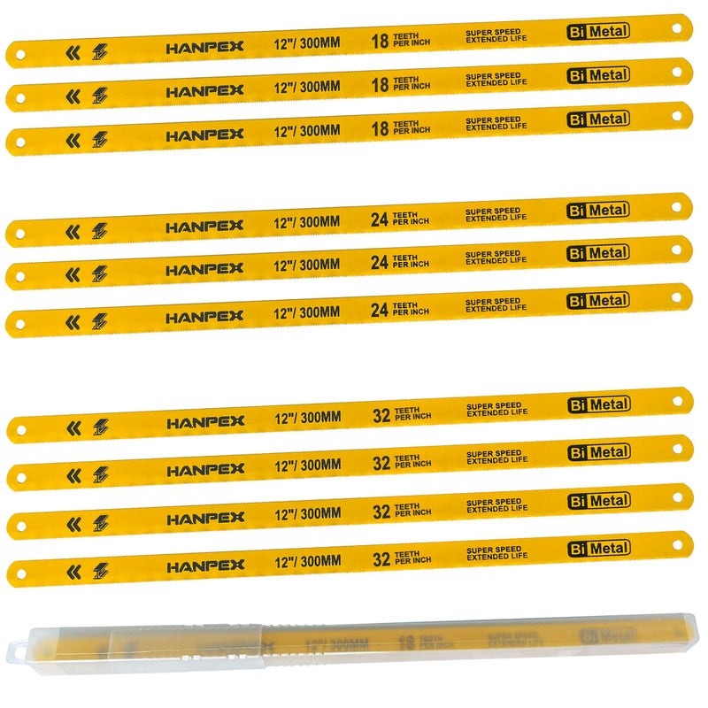 Hanpex Hacksaw Replacement Blade Sets (10 Pack) High Speed 3Pc. 18TPI / 3Pc. 24TPI / 4Pc. 32TPI- 12" Length Hack Saw Blade - Bi-Metal HSS Cutting Blades - Image 1