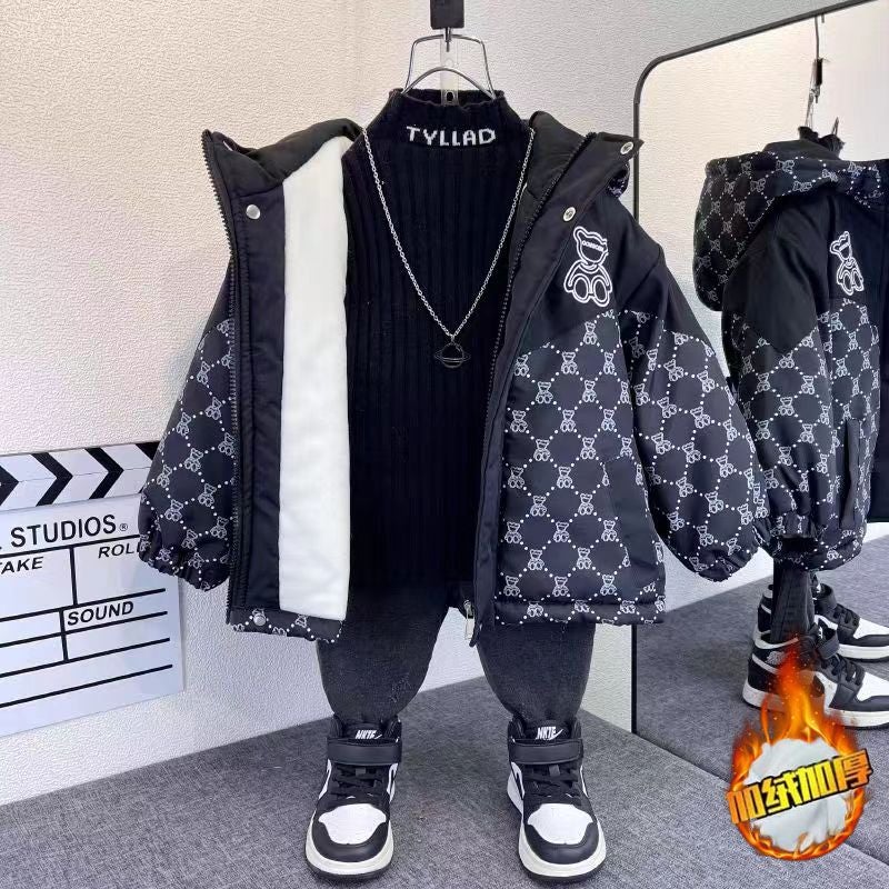Boys Plush Thickened Cotton Jacket Winter 2023 Black bear velvet thickened cotton coat