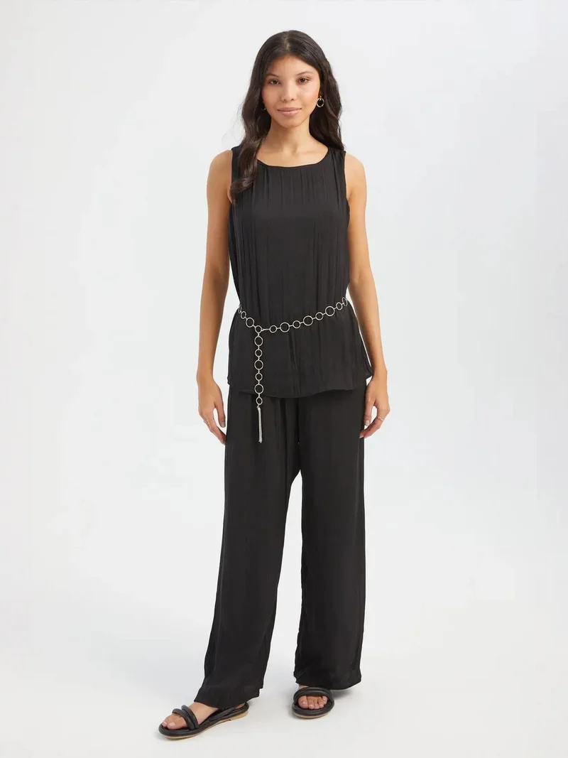 HICCUP Round Neck Plisse Blouse with a Belt Detail