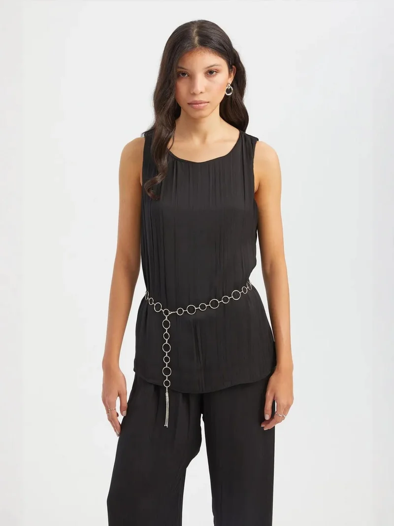 HICCUP Round Neck Plisse Blouse with a Belt Detail