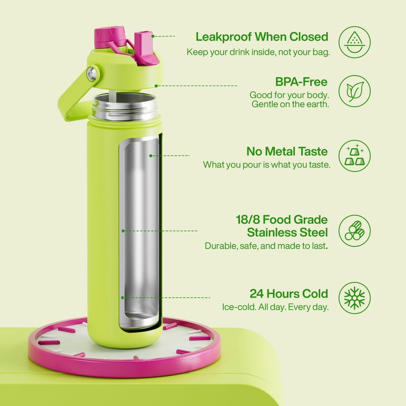 ENCOOL Insulated Water Bottle with Straw Stainless Steel Water Bottle, Leak-Proof, BPA-Free, Double Wall Vacuum Keeps Cold for 24 Hours for Sports, Travel, School (26 oz, Acid Green) - Image 5