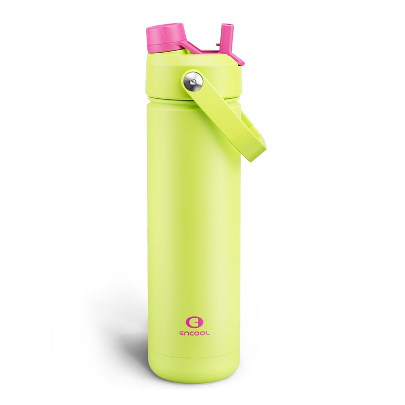 ENCOOL Insulated Water Bottle with Straw Stainless Steel Water Bottle, Leak-Proof, BPA-Free, Double Wall Vacuum Keeps Cold for 24 Hours for Sports, Travel, School (26 oz, Acid Green) - Image 1