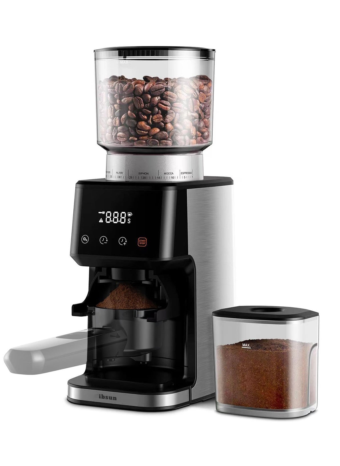 ibsun Adjustable Coffee Grinder Electric, Super Silent Electric Coffee Bean Grinder with Time-Memory Adjustment and Multi-Functional Stainless Steel Cup for Spices, Herbs, and Nuts Grinding 