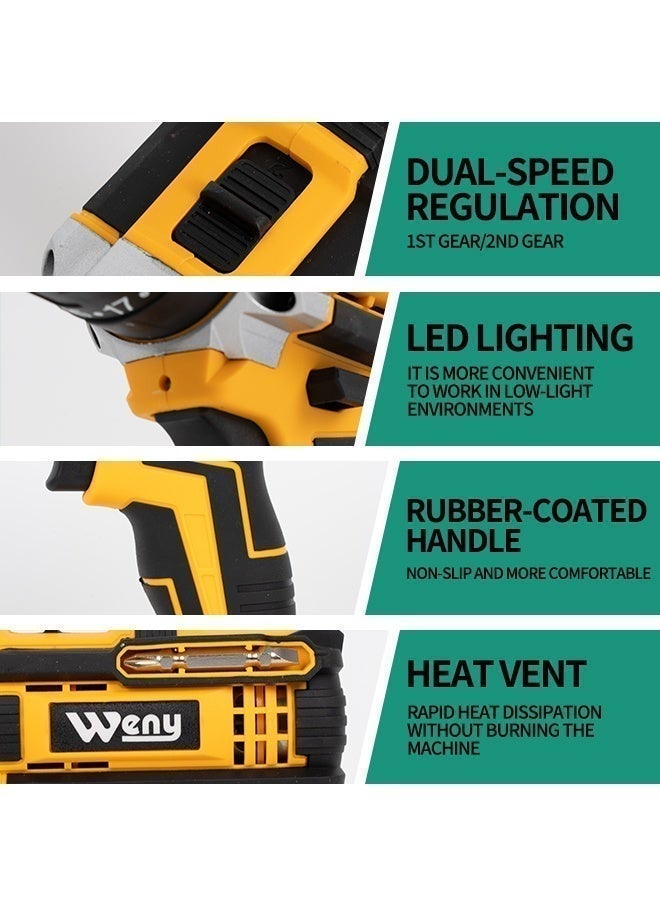 weny 21V Cordless Drill, Two Li-Ion Batteries and Fast Charger, 3/8" Drill Kit, 25+3 Position Clutch, LED Work Light, Variable Speed ​​Drill, 28N.M of Torque,, 24 Accessories, Yellow - Image 2