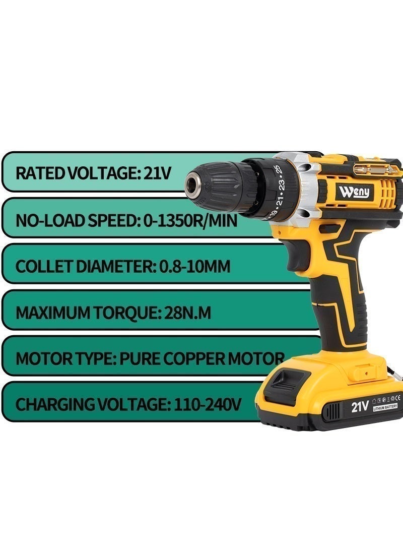 weny 21V Cordless Drill, Two Li-Ion Batteries and Fast Charger, 3/8" Drill Kit, 25+3 Position Clutch, LED Work Light, Variable Speed ​​Drill, 28N.M of Torque,, 24 Accessories, Yellow - Image 3