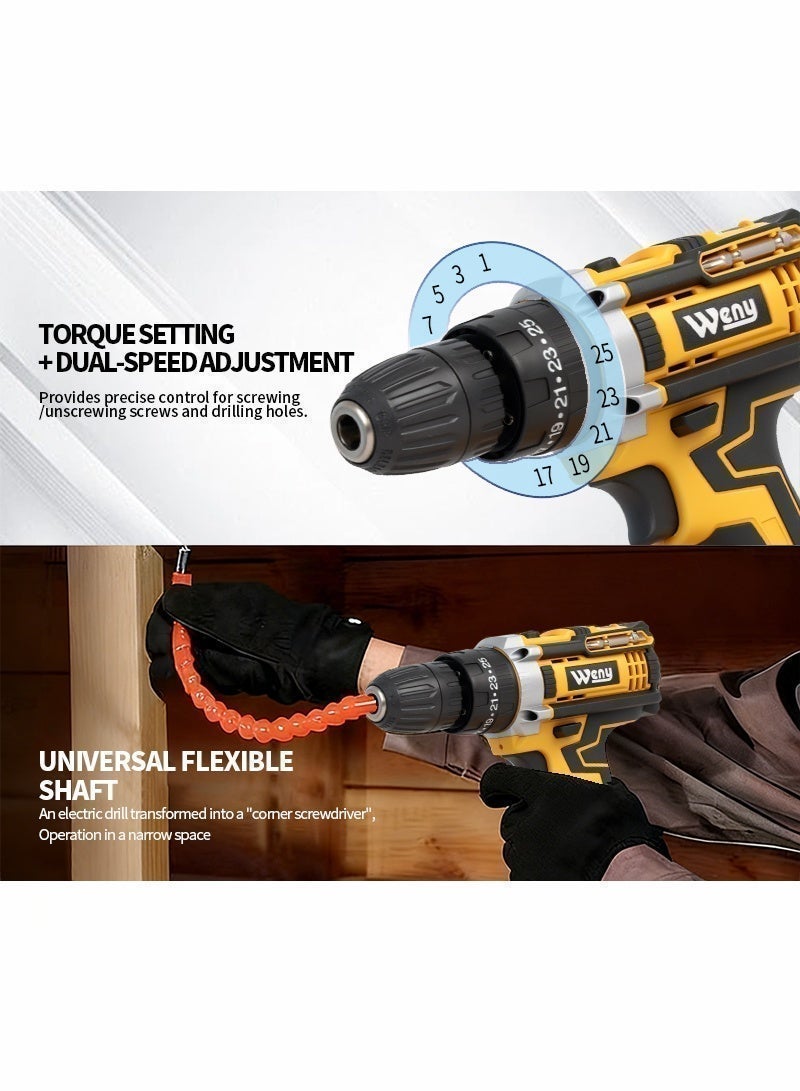 weny 21V Cordless Drill, Two Li-Ion Batteries and Fast Charger, 3/8" Drill Kit, 25+3 Position Clutch, LED Work Light, Variable Speed ​​Drill, 28N.M of Torque,, 24 Accessories, Yellow - Image 4