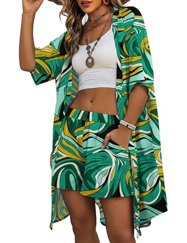 REDHOTYPE Womens Vacation Outfits Hawaiian Style 2 Piece Sets Colorful Print Long Cover Ups Half Sleeve Shorts Set Beach Dresses Color Green,Large - Image 1