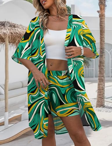 REDHOTYPE Womens Vacation Outfits Hawaiian Style 2 Piece Sets Colorful Print Long Cover Ups Half Sleeve Shorts Set Beach Dresses Color Green,Large - Image 2