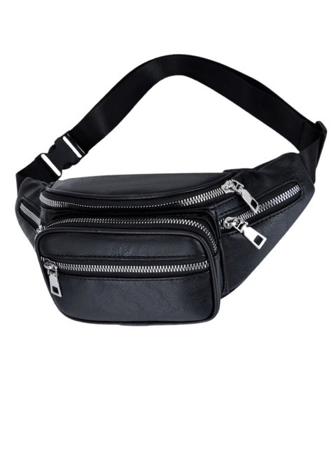 Fashionable black waterproof pu material adjustable waist pack large capacity crossbody bag multi-functional outdoor sports running bag