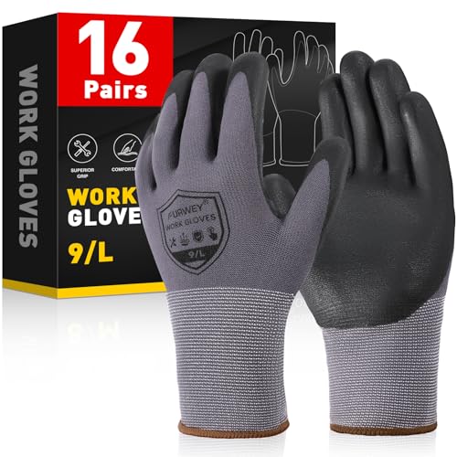 FURWEY Safety Work Gloves,16 Pairs Micro-Foam Nitrile Coated Glove for Men and Women, Touchscreen, Ideal for Warehouse Package Handling，Construction, Gardening, Medium - Image 1