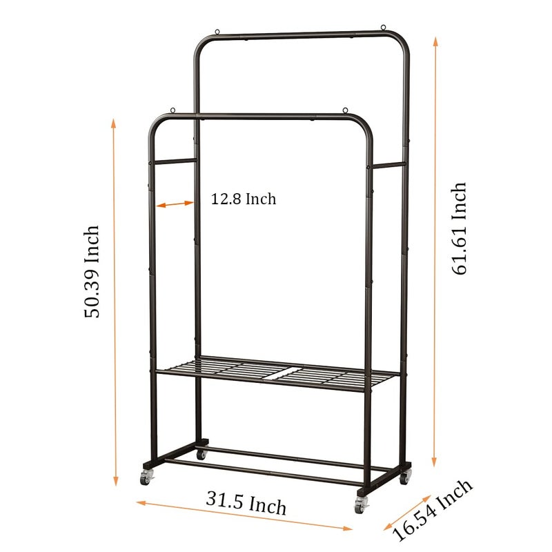 SUOERNUO Clothes Rack with Wheels Garment Rack for Hanging Heavy-Duty Clothing Rack Metal Rolling Clothes Shelves for Bedroom, Closet (Black) - Image 5