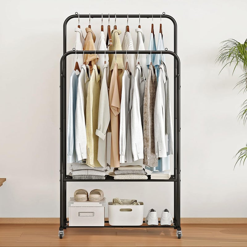 SUOERNUO Clothes Rack with Wheels Garment Rack for Hanging Heavy-Duty Clothing Rack Metal Rolling Clothes Shelves for Bedroom, Closet (Black) - Image 2