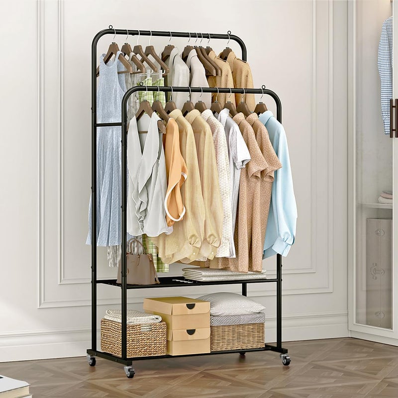 SUOERNUO Clothes Rack with Wheels Garment Rack for Hanging Heavy-Duty Clothing Rack Metal Rolling Clothes Shelves for Bedroom, Closet (Black) - Image 3