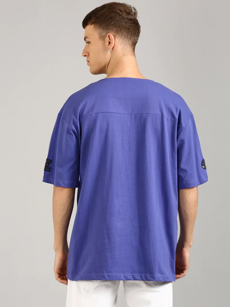 Joven Men Violet and Navy Printed Pure Cotton Oversized T-Shirt